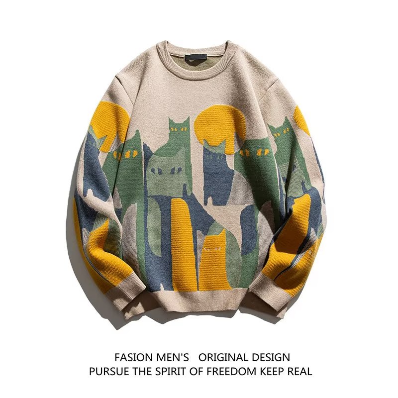 Sinransinya Áo sweater Dệt Kim Tay Dài Cổ Tròn Dày Dặn Ấm Áp Phong Cách retro Đường Phố Mỹ Cho Nam