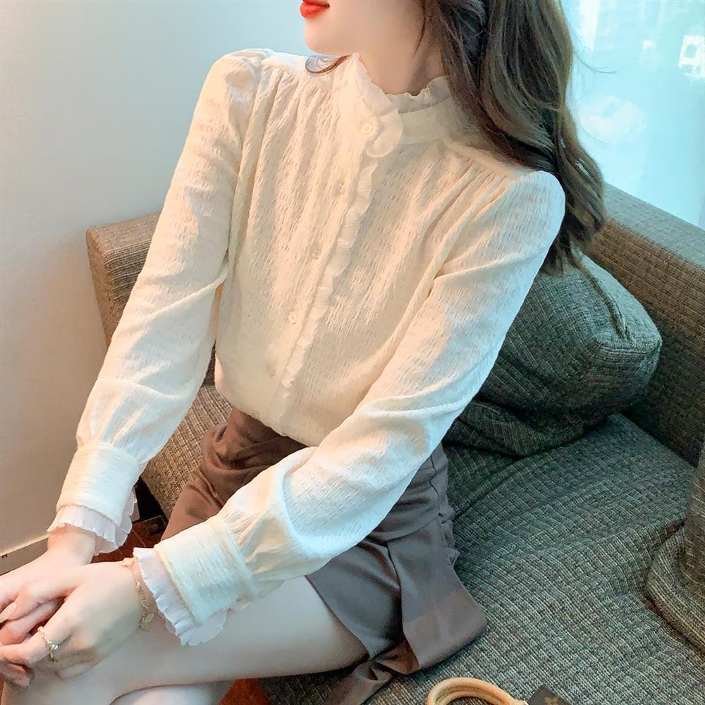 Áo Sơ Mi Tay Dài Cổ Ren Xếp Ly Màu Trơn Thời Trang Thu Đông