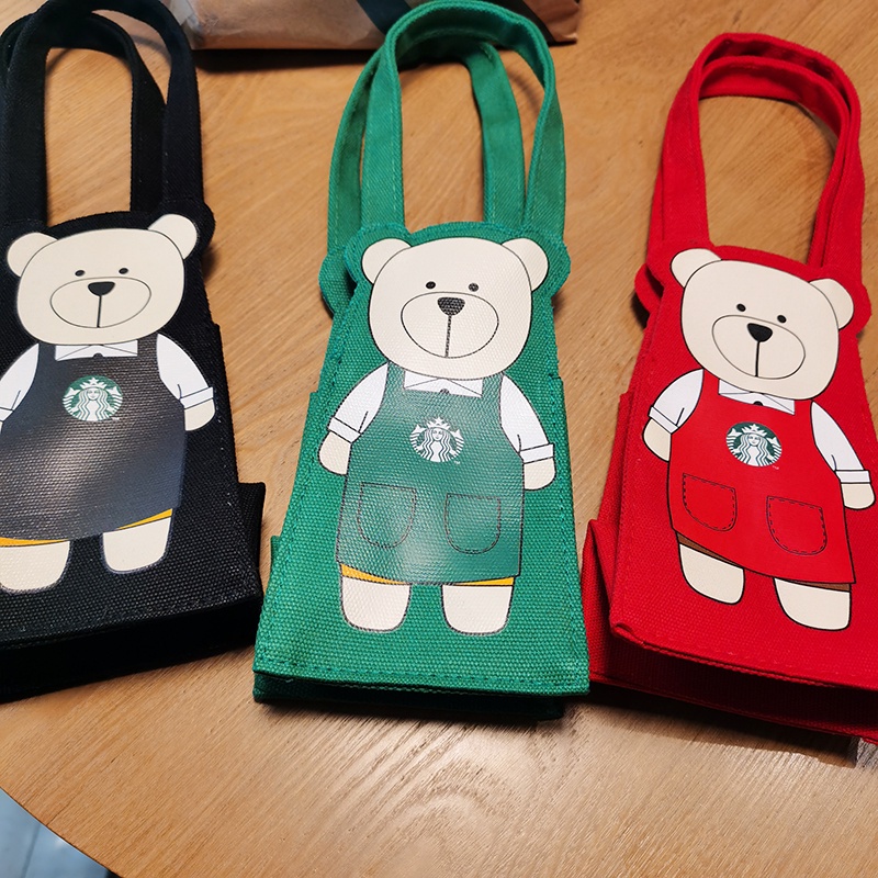 Túi canvas In Hình Gấu Hoạt Hình 2021 Đài Loan starbucks Màu Xanh Lá Đỏ Đen Thân Thiện Với Môi Trường