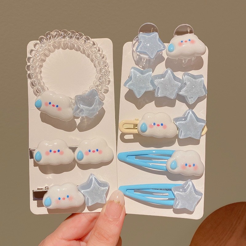 Set 9 kẹp tóc hình đám mây ngôi sao nơ trái cây dễ thương cho bé gái