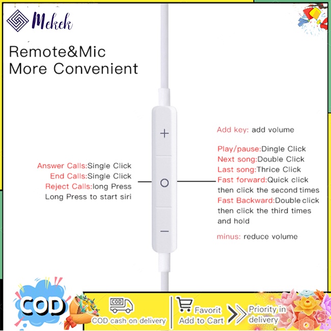 Mekek Tai Nghe Có Dây Âm Thanh Siêu Trầm Chất Lượng Cao Có Micro Cho Điện Thoại Iphone 6s