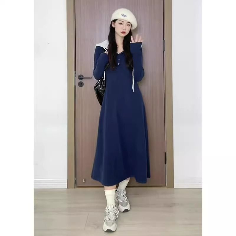 Đầm midi Ôm Dáng Có Mũ Trùm Đầu size Lớn m-5xl Thời Trang Mùa Thu Cá Tính Mùa Thu Dành Cho Nữ