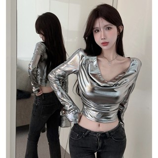 Áo Thun Croptop Tay Dài Màu Sắc Đơn Giản Quyến Rũ Cho Nữ