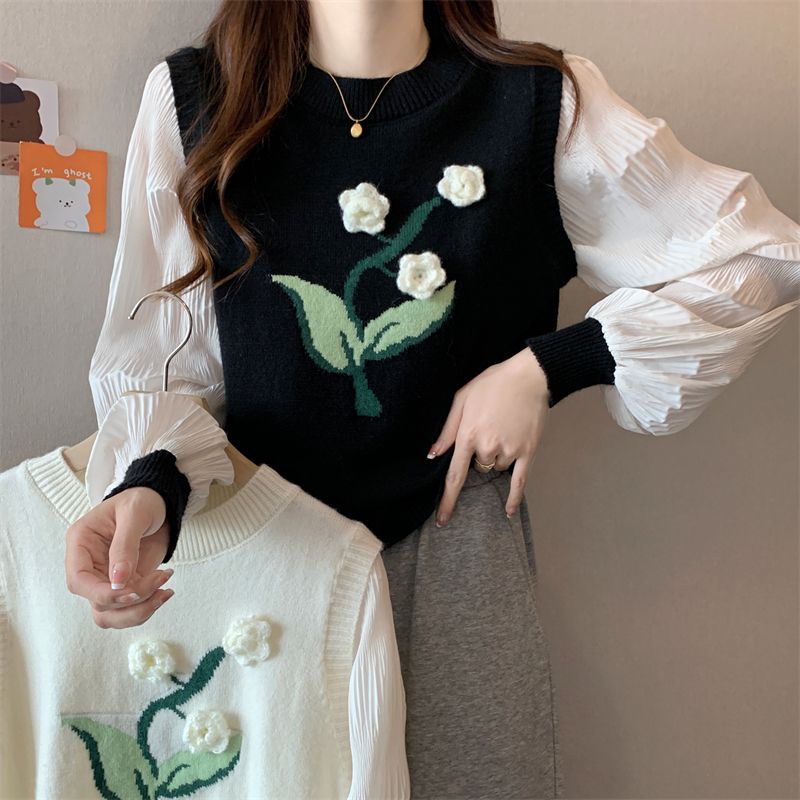 Áo sweater Dệt Kim dopamine Dáng Ngắn Tay Dài Giả Hai Mảnh Tươi Tắn Phong Cách Hàn Quốc Mới Mùa Thu Cho Nữ