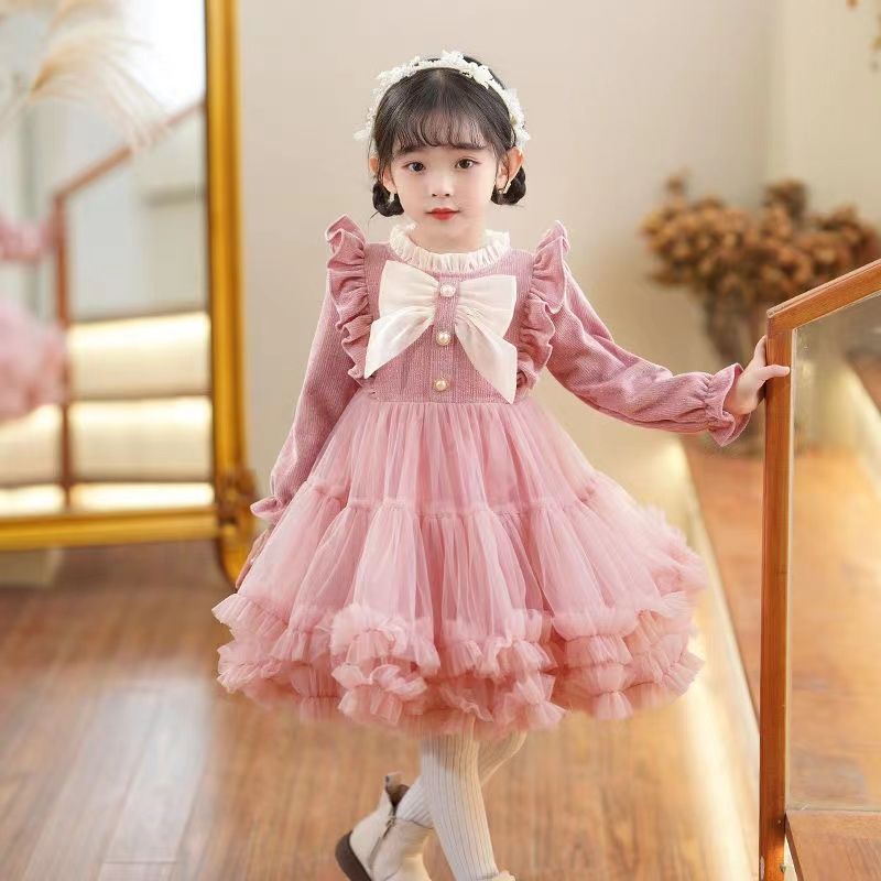 Đầm Công Chúa Chất Nhung Đính Nơ Thời Trang Thu Đông Xinh Xắn Cho Bé Gái