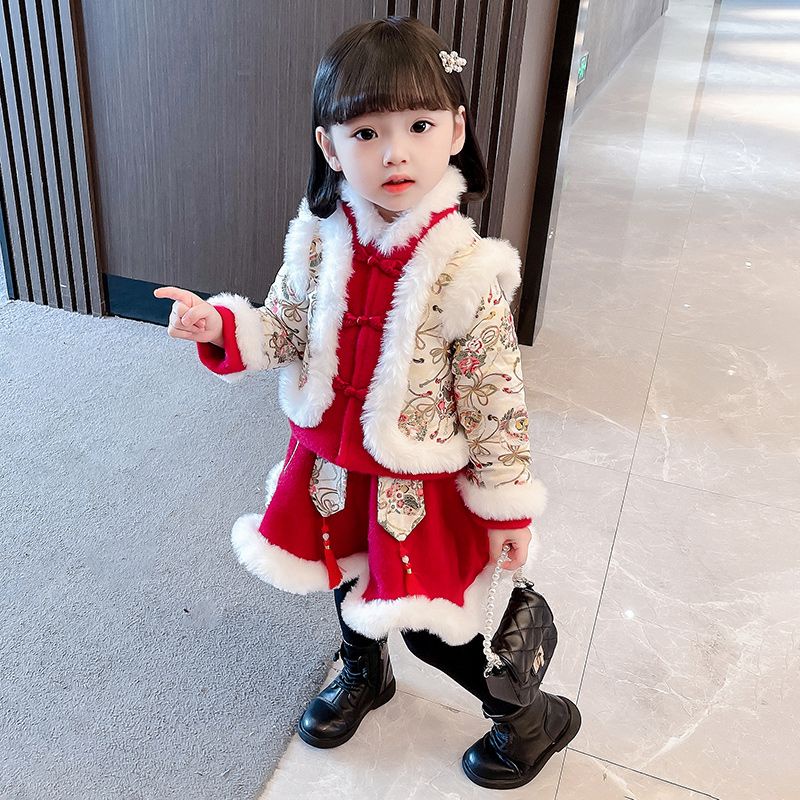 Mới Đầm Sườn Xám Cách Tân Vải Lông Cừu Dày Phong Cách Trung Hoa Thời Trang Mùa Đông Cho Bé Gái