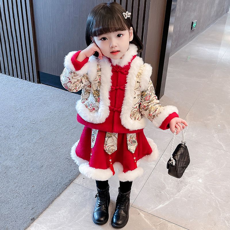 Mới Đầm Sườn Xám Cách Tân Vải Lông Cừu Dày Phong Cách Trung Hoa Thời Trang Mùa Đông Cho Bé Gái