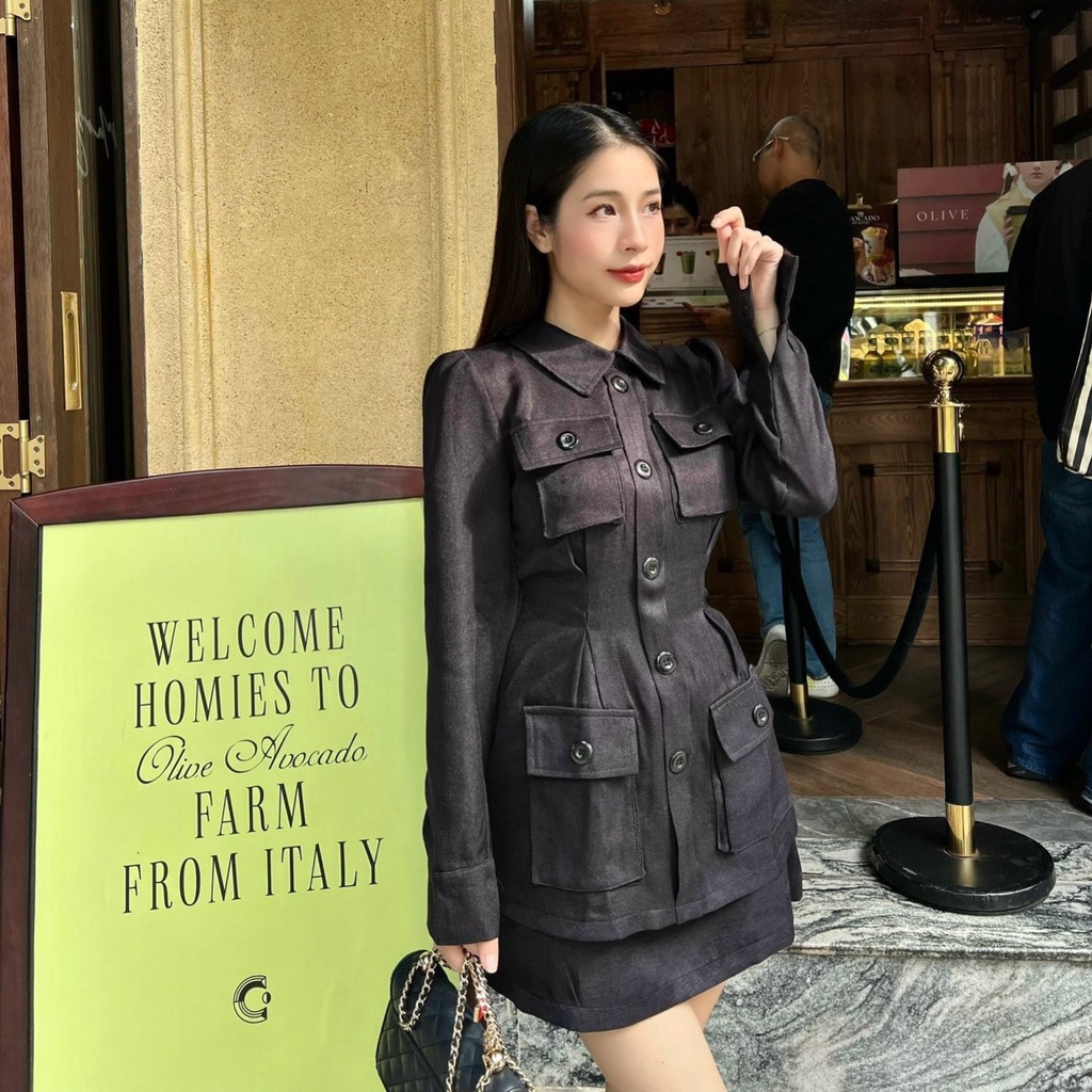 Sét tiểu thư sơ mi tay dài phối túi hộp sang chảnh kèm chân váy