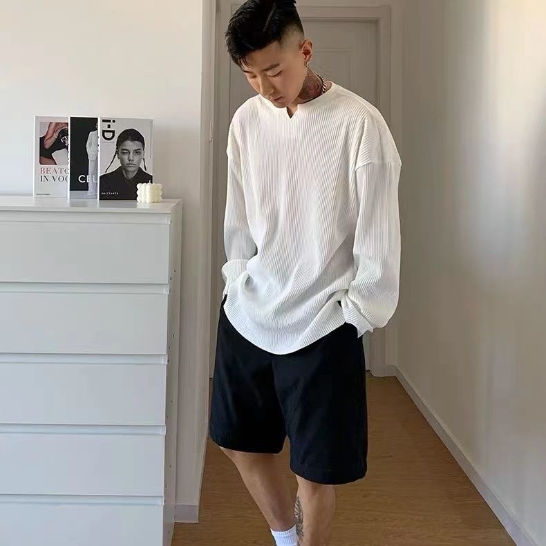 Áo Thun Tay Dài Cổ Chữ v Họa Tiết Kẻ Sọc Ngang plus size Cho Nam zyq143