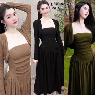Đầm Thun Xốp Nhật Có Áo Khoác Tay Dài Dáng Dài Mixi Siêu Co Giãn Xinh Đẹp, Giá Rẻ Feesize 50-95kg Ennhocobigsize