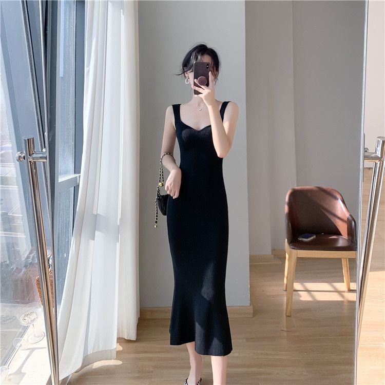 Mqaq 2023 Áo tank top Không Tay Cổ Chữ v + Chân Váy Dài Dệt Kim Thời Trang Mùa Thu Pháp