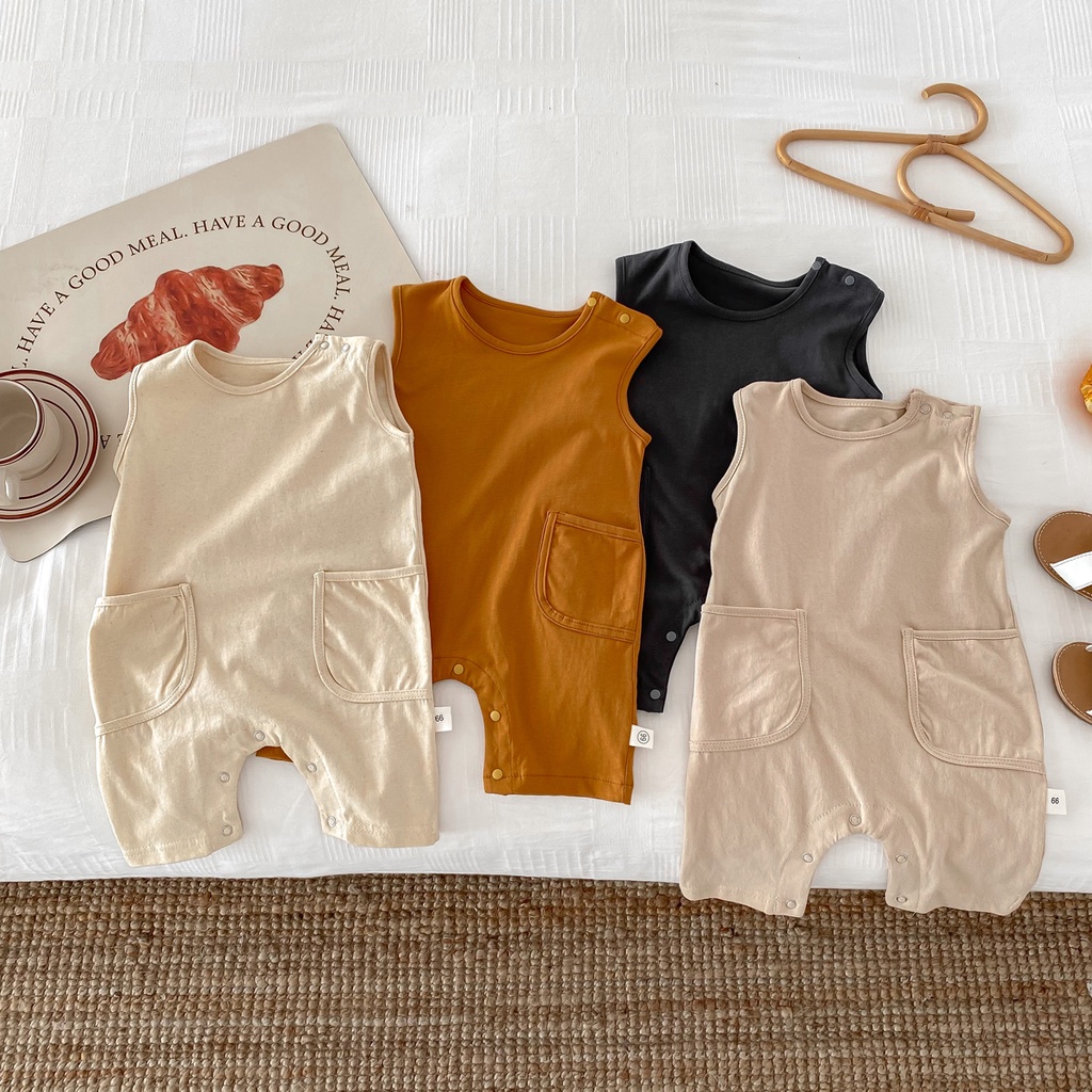 Bộ Áo Liền Quần Sát Nách 4 Màu Trơn Bằng Vải cotton Thoải Mái Thời Trang Mùa Hè Cho Bé Trai / Gái 0-24 Tháng Tuổi
