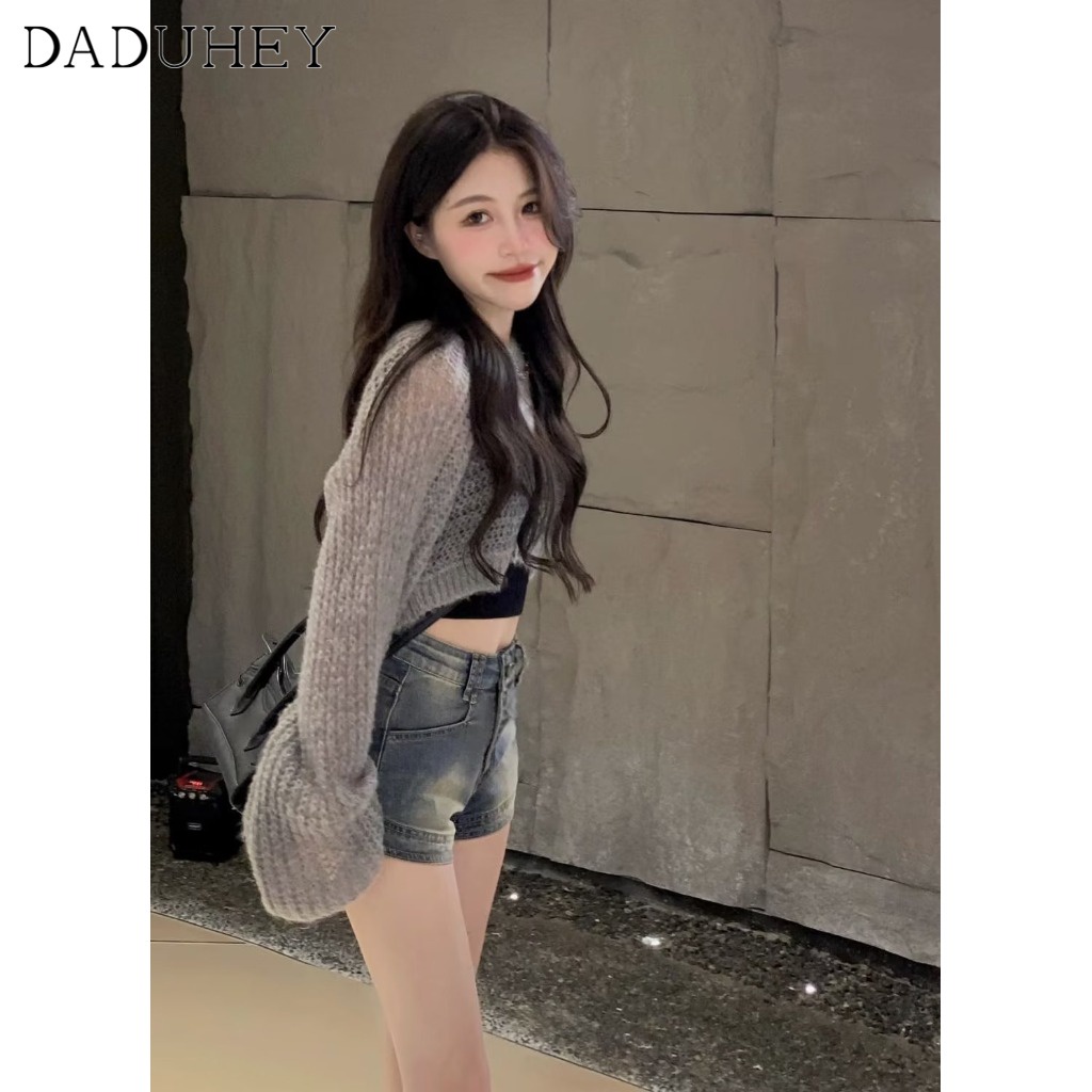 Quần short jean denim DADUHEY size lớn ôm vừa vặn cạp cao thời trang retro đường phố cao cấp kiểu Mỹ cho nữ