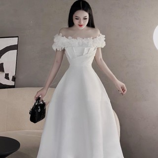 Đầm thiết kế trễ vai đi tiệc A454 chất tafta cao cấp mix hoa laser xếp ly V1 form xòe dáng dài freesize KimHoa77