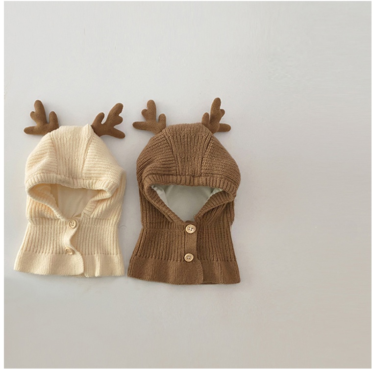 Mũ Len Trùm Đầu Kèm Khăn Choàng Cổ Đính Nút Thời Trang Thu Đông Hàn Quốc Cho Bé Trai Và Bé Gái