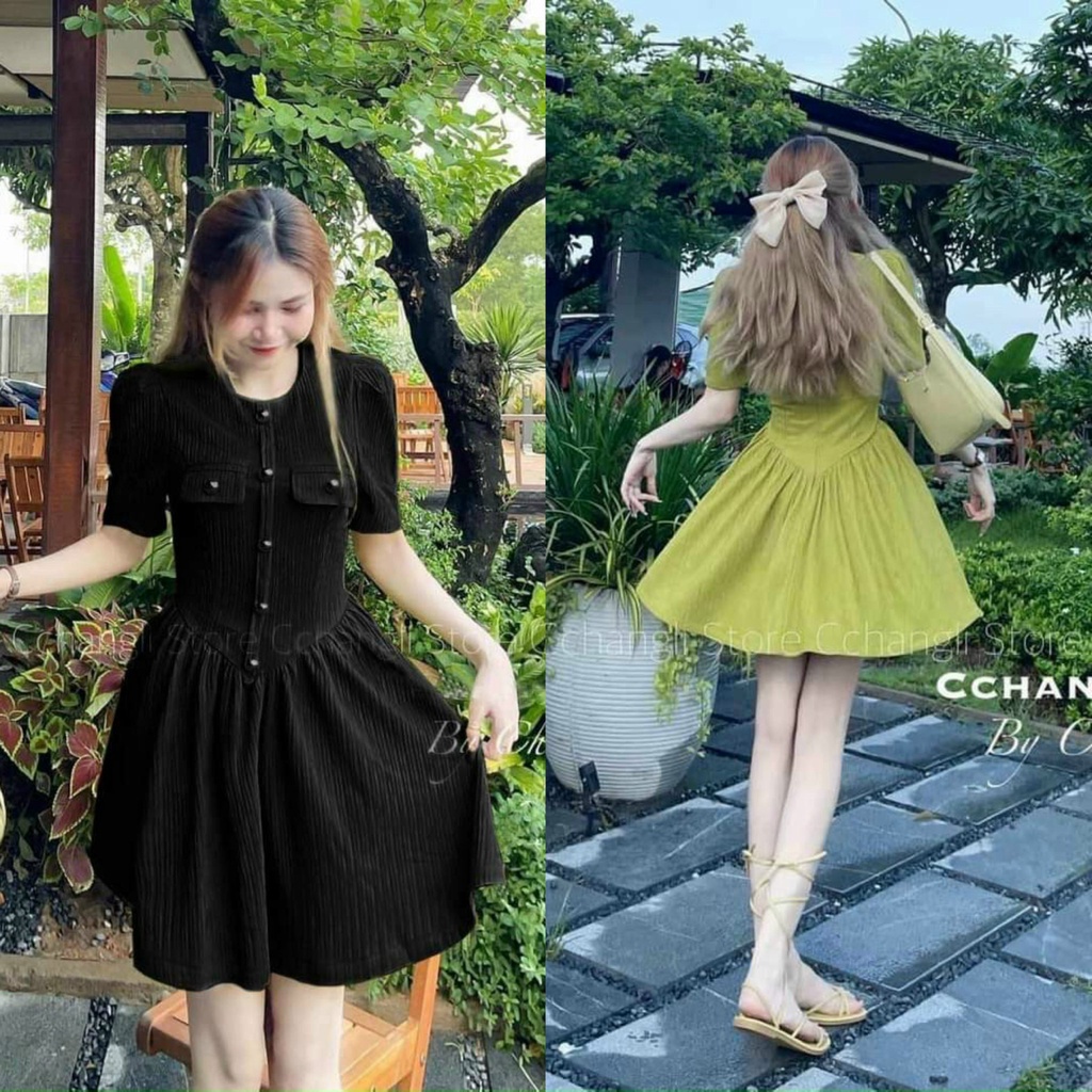 Đầm xòe thun gân đóng nút tay bồng 2 màu y hình