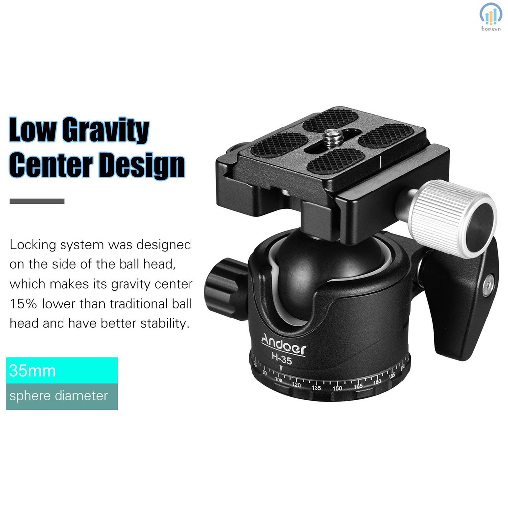 Andoer H-35 Panorama Tripod Ball Head Ballhead Mount Adapter U-Groove Low Gravity Center Aluminium Alloy Load Capacity 15kg/33lbs
