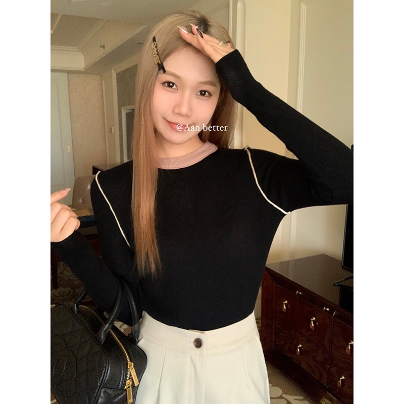 Áo Len Dệt Kim Cổ Tròn Màu Tương Phản Thời Trang Mùa Đông Dành Cho Nữ n736a