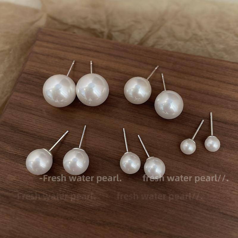 Bông tai ngọc trai Stud tích cực tròn 12mm ngọc trai Earrings 925 bạc kim ins bông tai stud ngọc trai lớn