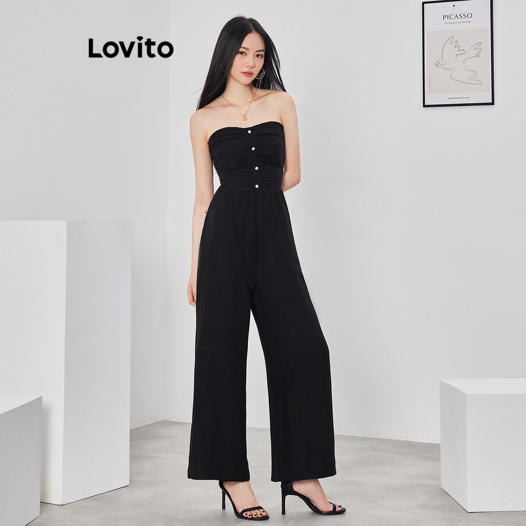 Áo liền quần Lovito phối nút xếp ly màu trơn thường ngày cho nữ L62ED177