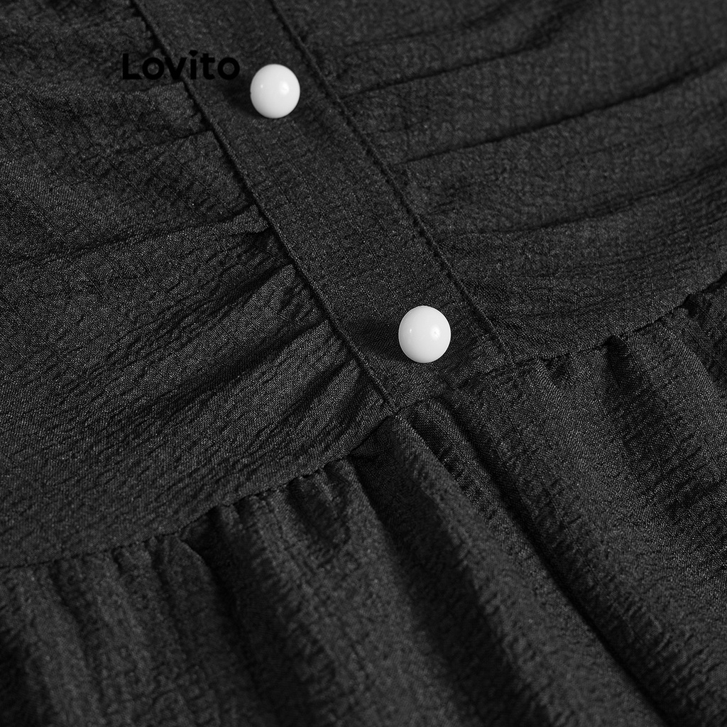 Áo liền quần Lovito phối nút xếp ly màu trơn thường ngày cho nữ L62ED177