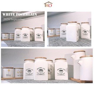 Hũ lọ sứ trắng nắp gỗ tre đựng trà, cà phê, đường, gia vị nhà bếp Beautifull Life 850ml