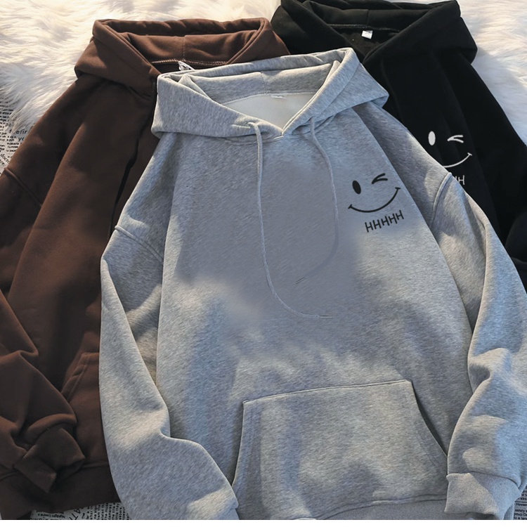 Áo hoodie cashmere Dày Dáng Rộng In Hình Mặt Cười Vui Nhộn Thời Trang Cho Cặp Đôi