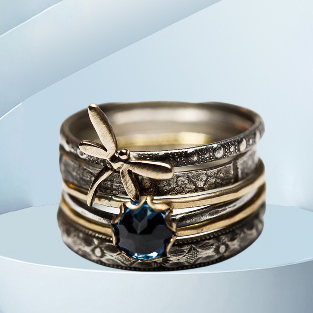 Xia| Nhẫn Đính Hôn Nhiều Lớp Hình Chuồn Chuồn Đính Đá Pha Lê Phong Cách vintage