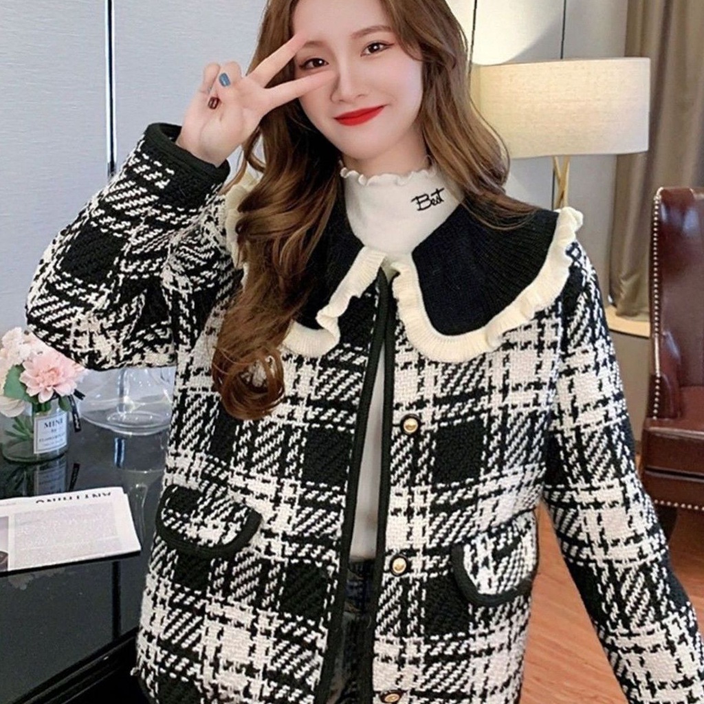 Áo Khoác baggy Dày Dặn Cổ Búp Bê Kẻ Sọc Caro Thời Trang Mới Cho Nữ