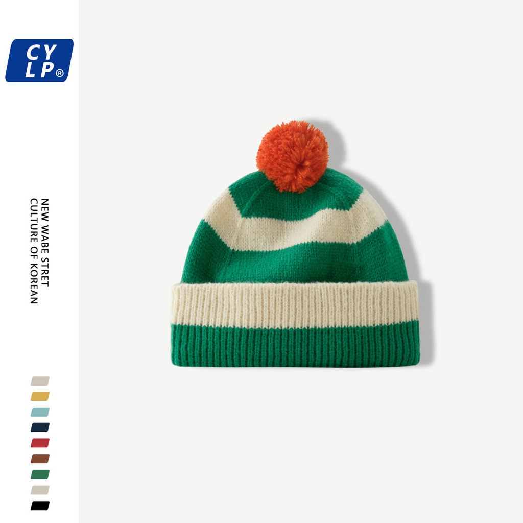 Mũ Len Kẻ Sọc Nhiều Màu Đính Quả Bông Dễ Thương Phong Cách Hàn Quốc Cho Nam Và Nữ
