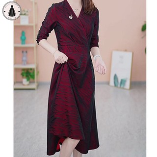 Váy lụa nữ cổ chữ V dài tay in hình váy hoa eo trưởng thành