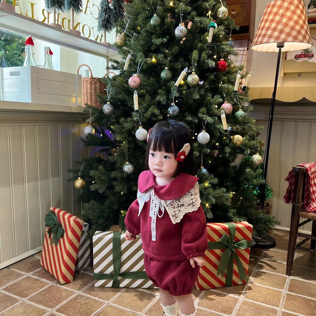 Set Noel Vải Nỉ Phối Ren Nơ