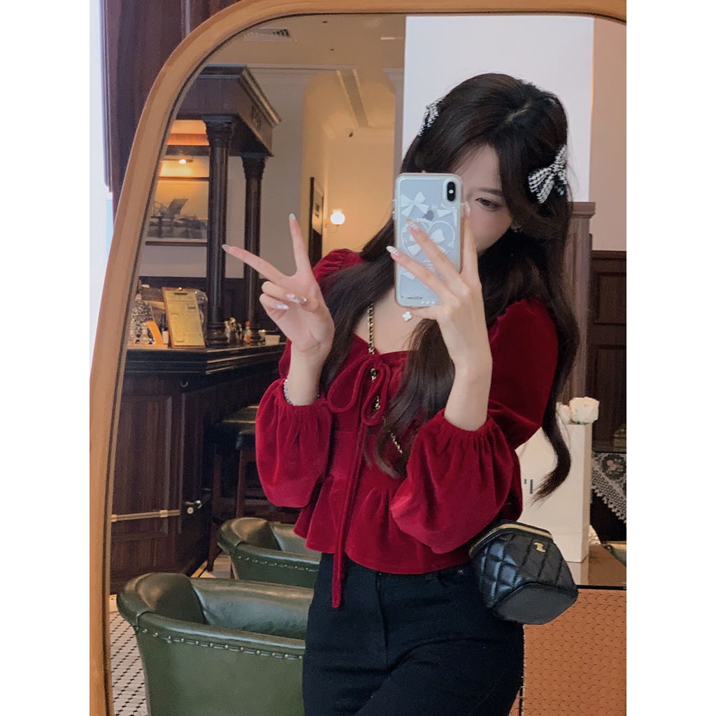 Mới Áo Sơ Mi Tay Dài Phồng Chất Nhung Thời Trang Mùa Thu Xinh Xắn Cho Nữ