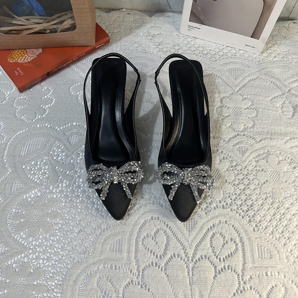 Giày cao gót dự tiệc bigsize nơ đính đá cao 5 cm size 40-44