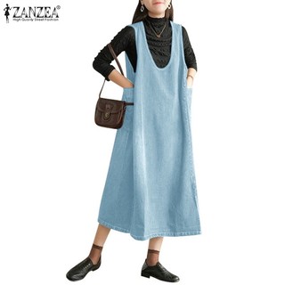 Zanzea đầm jean dài không tay có túi thời trang cho nữ