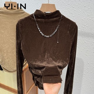 Áo Thun Tay Dài Cổ Lọ Bằng Vải Nhung Màu Vàng Thời Trang Thu Đông Dành Cho Bạn Nữ