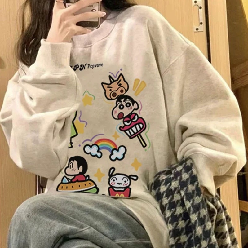 Áo sweater Cổ Tròn Dáng Rộng In Hoạt Hình Kiểu retro Nhật Bản Thời Trang Mùa Đông Cho Các Cặp