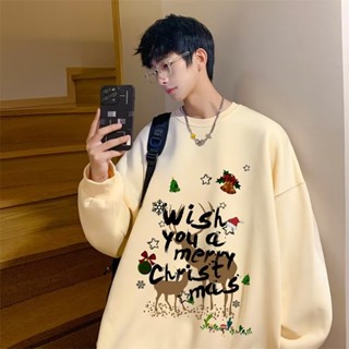  【 Áo len cặp đôi cỡ lớn M-8XL   2025 Áo len cổ tròn dày in hình Giáng sinh vui vẻ kiểu Mỹ mới Áo len cổ tròn nhung thương hiệu thời trang nam Hip Hop dáng rộng Cặp đôi mặc áo nỉ Unisex 