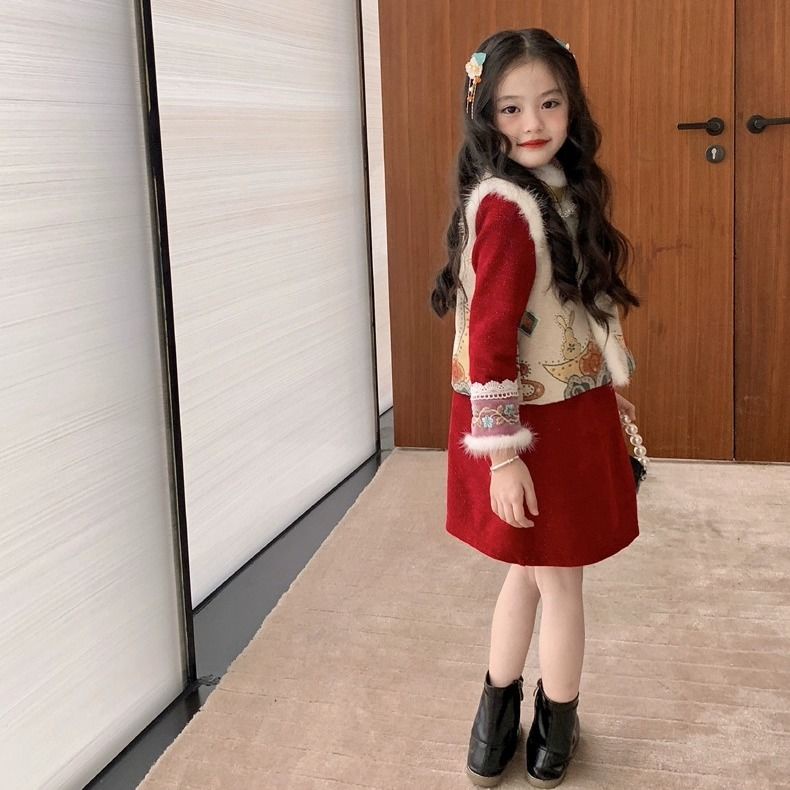 Đầm Sườn Xám Vải Lông Cừu Màu Đỏ Kiểu Trung Hoa Thời Trang Năm Mới Cho Bé Gái