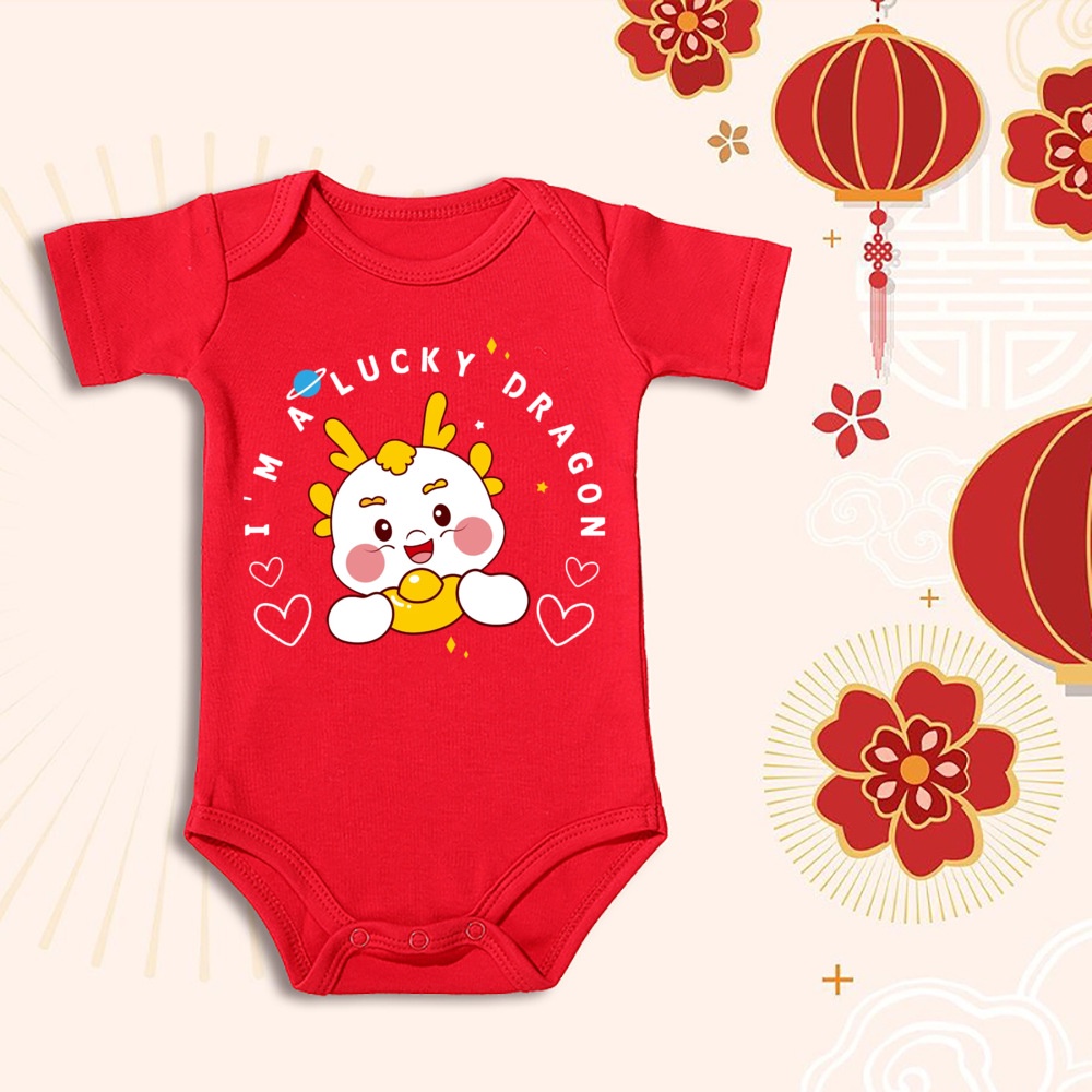 Áo Liền Quần Ngủ Tay Ngắn Cổ Tròn Bằng Vải cotton In Hình Rồng Năm Mới 2024 Cho Bé Sơ Sinh