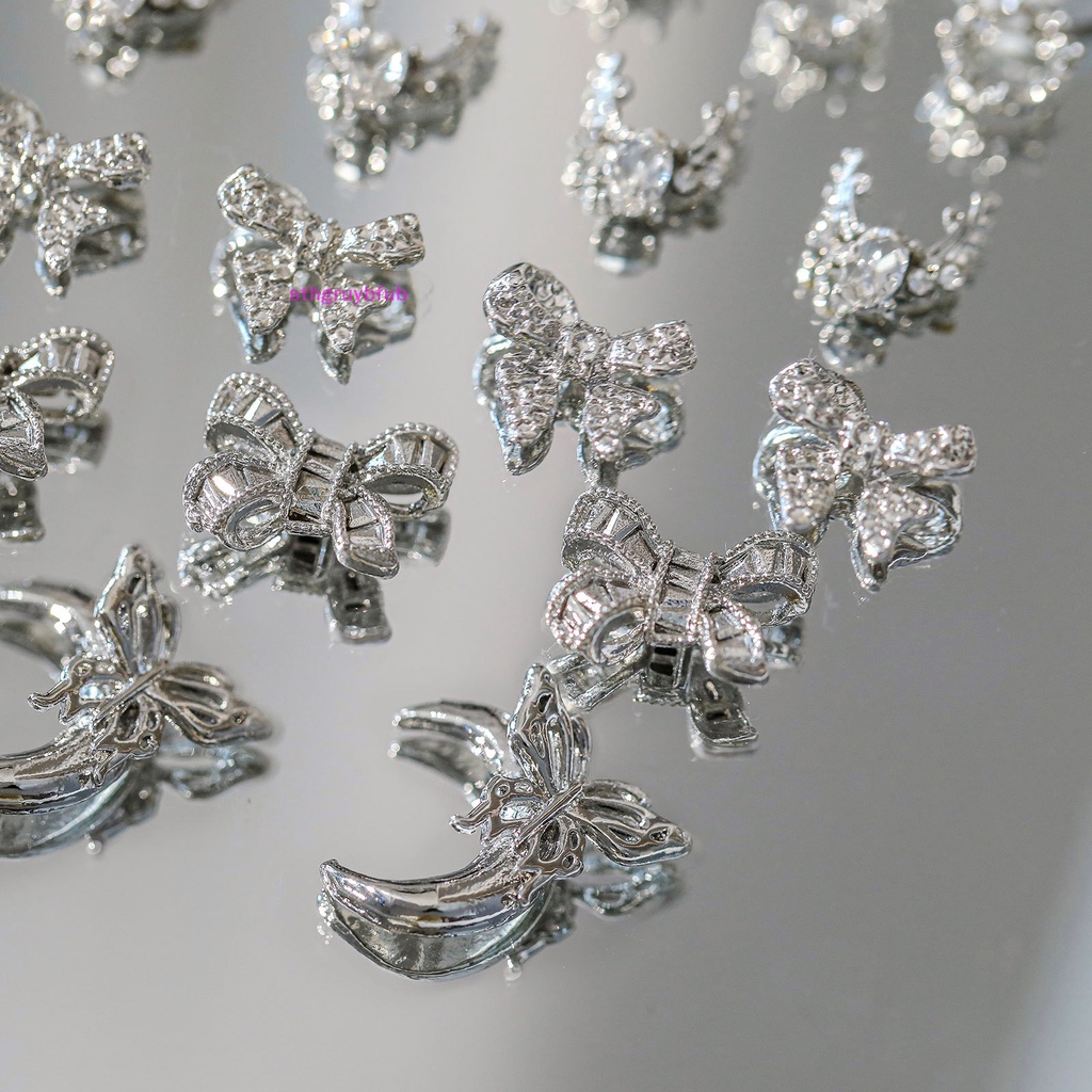 Sthb Set 5 Phụ Kiện Trang Trí Móng Tay Nghệ Thuật Bằng Hợp Kim Hình Nơ Đính Đá 3d Màu Bạc vn