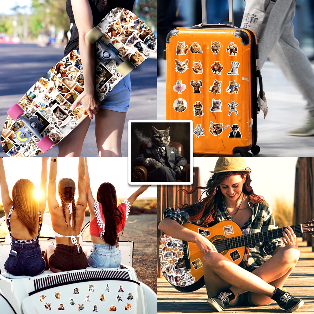 Bộ 50 Miếng Dán Chống Thấm Nước Hình Mèo Vui Nhộn Trang Trí Mũ Bảo Hiểm / Hộp Bút