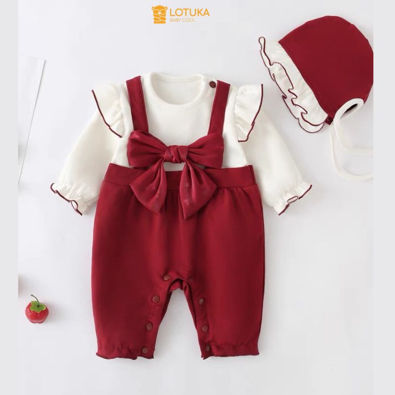 Body Yếm Tiểu Thư Đính Nơ Lót Lông Nhung Ấm Áp Cho Bé, Bodysuit LOTUKA Cho Bé Gái, Quần Áo Trẻ Em Size 3-12kg