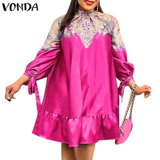 Vonda Đầm Dây Cổ Đứng Tay Phồng In Họa Tiết vintage Cho Nữ