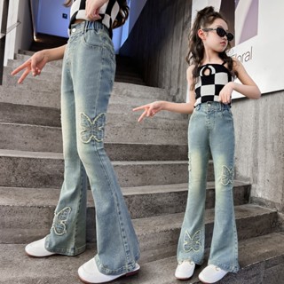 Quần Jeans Ống Loe Bướm Đính Đá Thời Trang Thu Xuân Mới 2024 Dành Cho Bé Gái