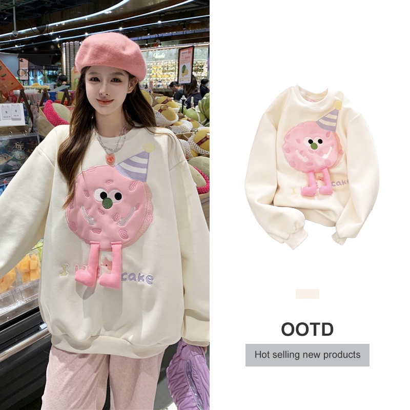 Áo Sweater Tay Dài Cổ Tròn Dáng Rộng Thêu Họa Tiết Hoạt Hình Thời Tran