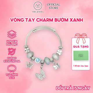 Vòng charm hồ điệp, vòng tay charm Pan nữ hợp kim titan mạ bạc đính đá xanh vòng đeo thời trang nữ