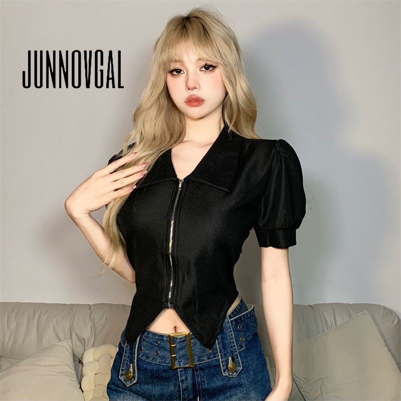 Áo sơ mi kiểu JUNNOVGAL khóa zip mỏng thời trang ngọt ngào mát mẻ 2023 cho nữ