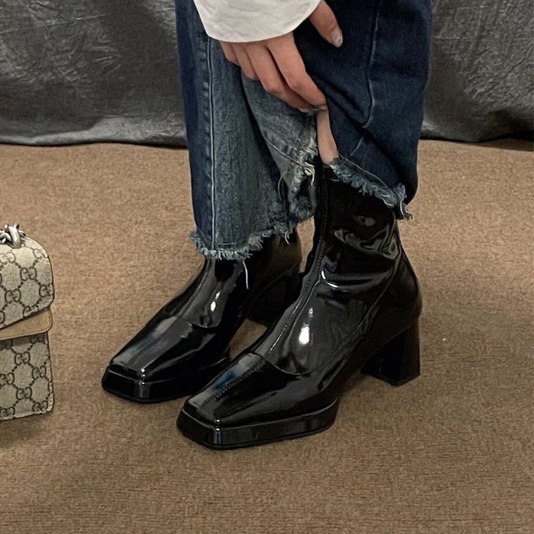 Giày Bốt Da Mũi Vuông Đế Dày Thời Trang Cá Tính