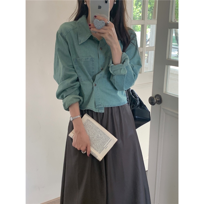 SUXI Áo Sơ Mi denim Tay Dài Phong Cách retro Hàn Quốc Cho Nữ
